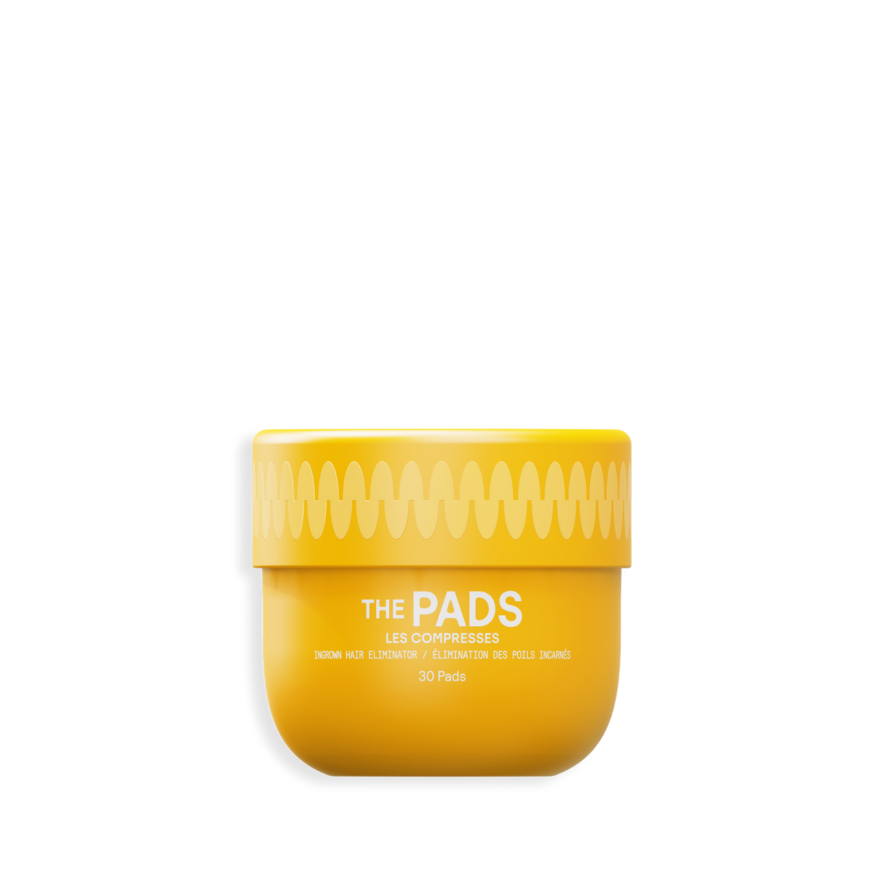 Yellow container of THE PADS gentle exfoliating pads for skin care with wavy design on the lid, isolated on white background