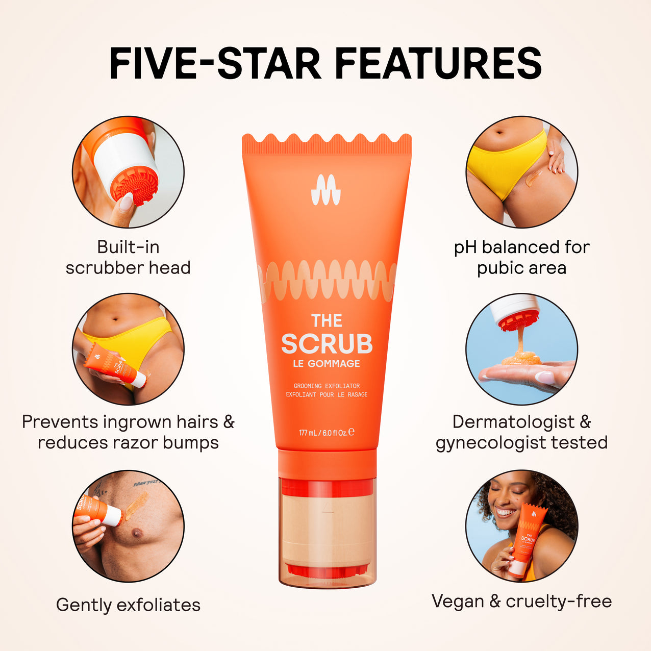 Exfoliating scrub tube with built-in scrubber head, pH balanced for pubic area, prevents ingrown hairs, dermatologist tested, vegan and cruelty-free.