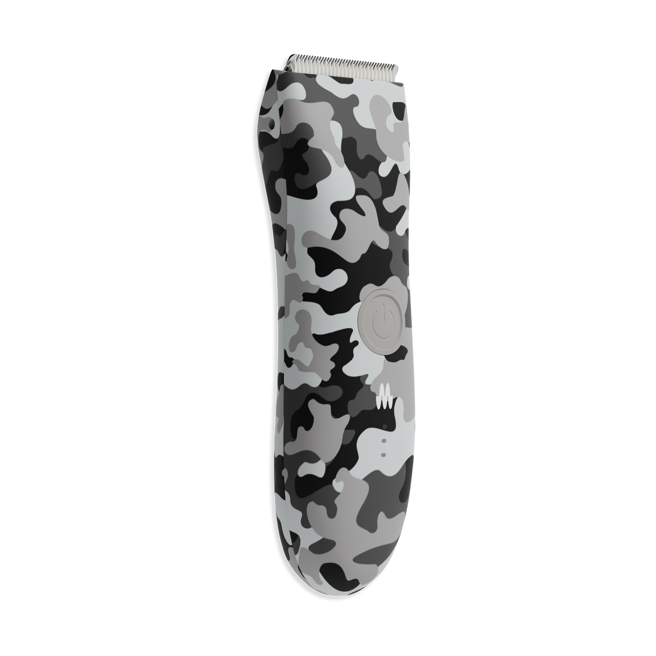 Black and gray camo-patterned wireless computer mouse with ergonomic design and scroll wheel