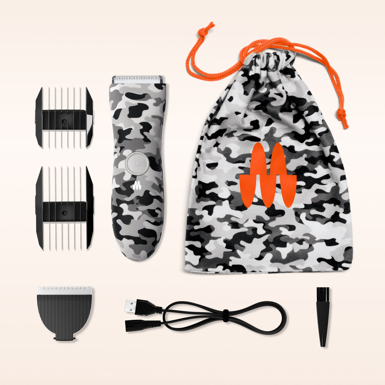Cordless hair clipper kit with black, gray, white camo pattern, adjustable combs, charging cable, cleaning brush, and camo storage pouch.