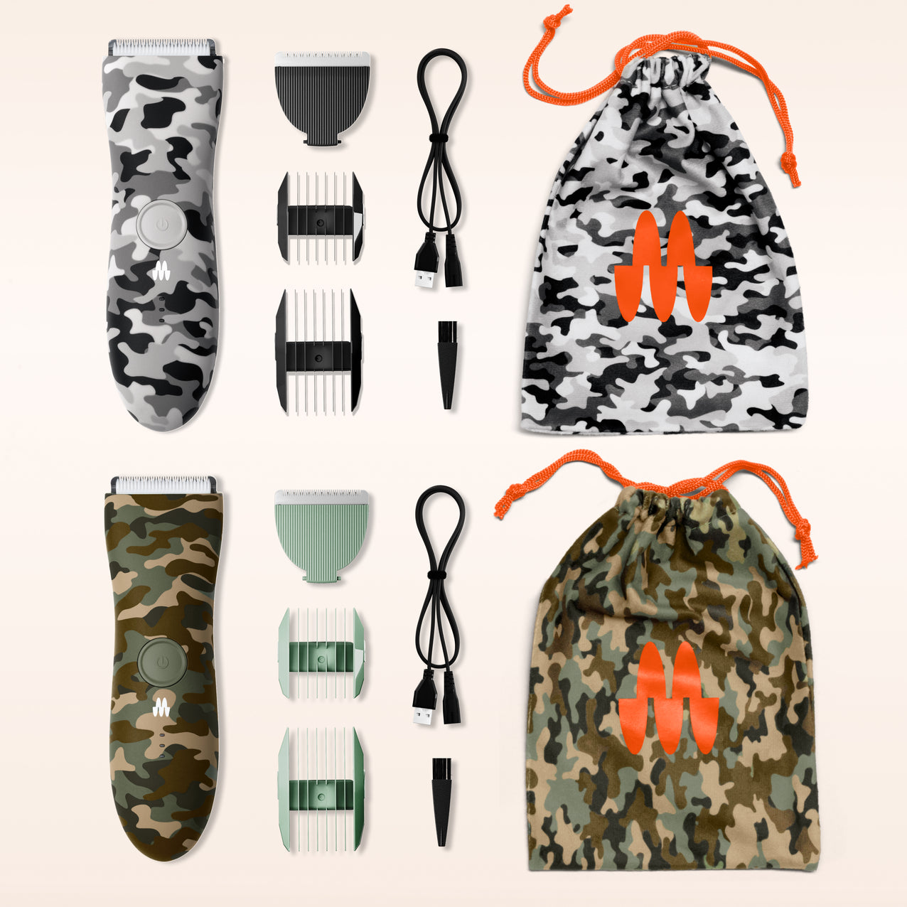 Cordless electric hair clippers with comb attachments, USB chargers, and camouflage drawstring storage bags in black-gray and green-brown patterns.