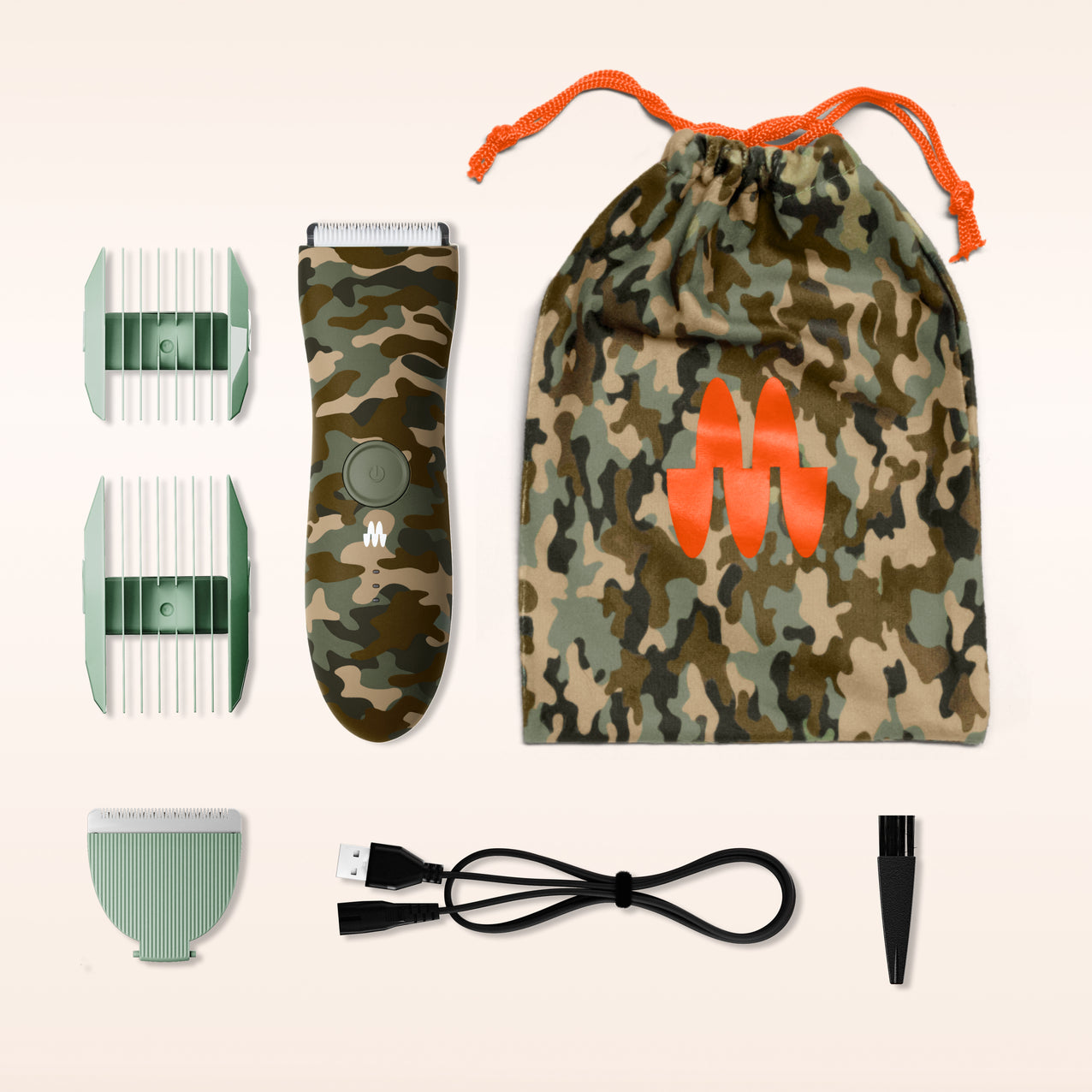 Camouflage electric hair trimmer set with adjustable combs, USB charging cable, and storage pouch for men’s grooming.