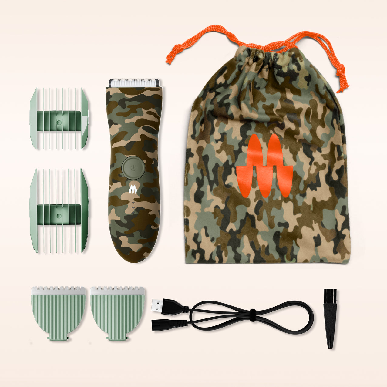 Camouflage electric hair clipper set with adjustable guards, USB charging cable, and matching drawstring storage bag.