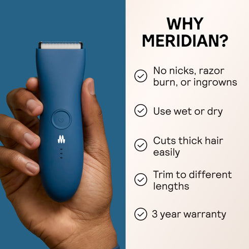Hand holding blue Meridian electric trimmer with benefits: no nicks, wet/dry use, cuts thick hair, adjustable trim, 3-year warranty.