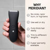 Hand holding sleek black Meridian electric hair trimmer with benefits: no nicks, wet/dry use, cuts thick hair, adjustable trim, 3-year warranty.