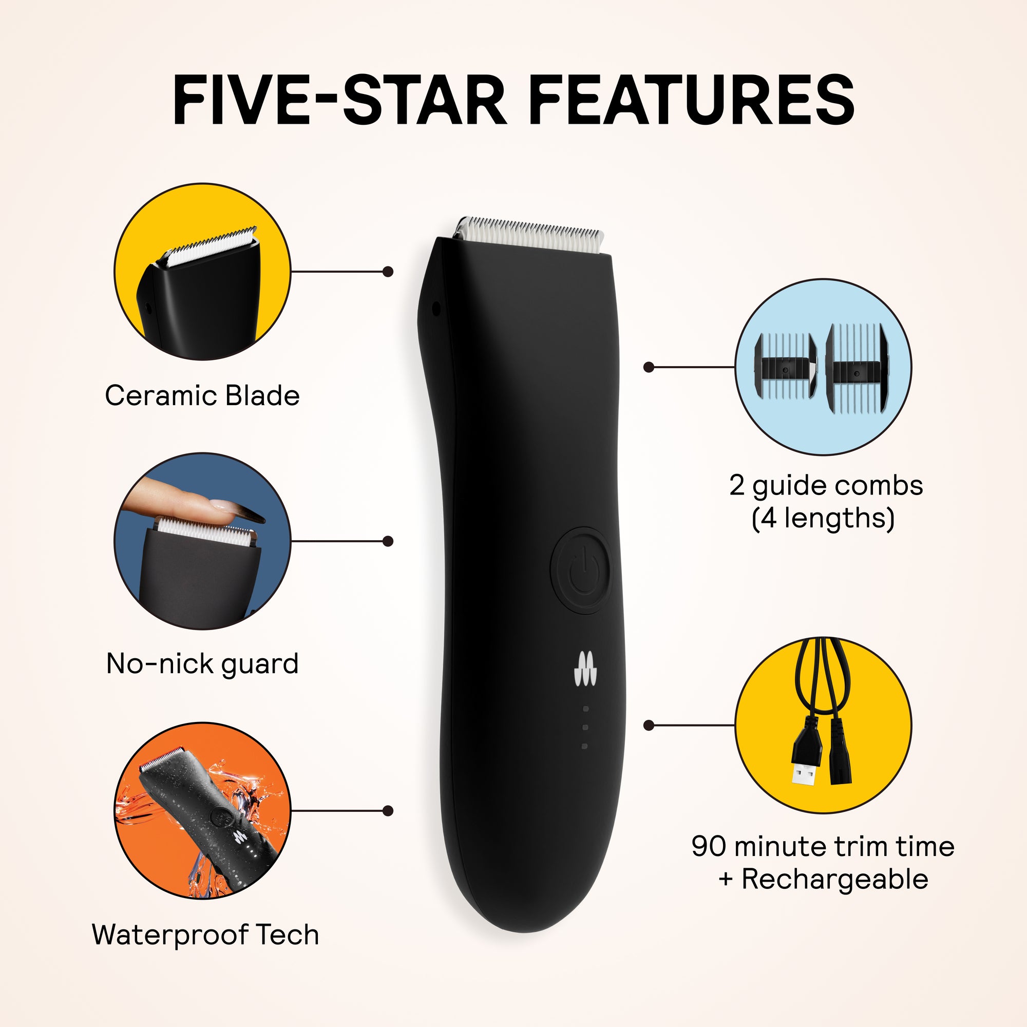 Black electric hair trimmer with ceramic blade, no-nick guard, waterproof tech, two guide combs, and 90-minute rechargeable trim time.