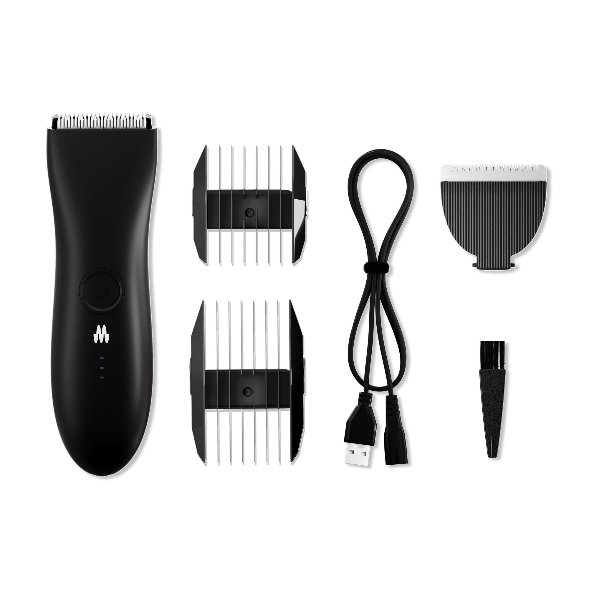 Electric hair clipper set with adjustable guards, USB charging cable, precision trimmer attachment, and cleaning brush for grooming.
