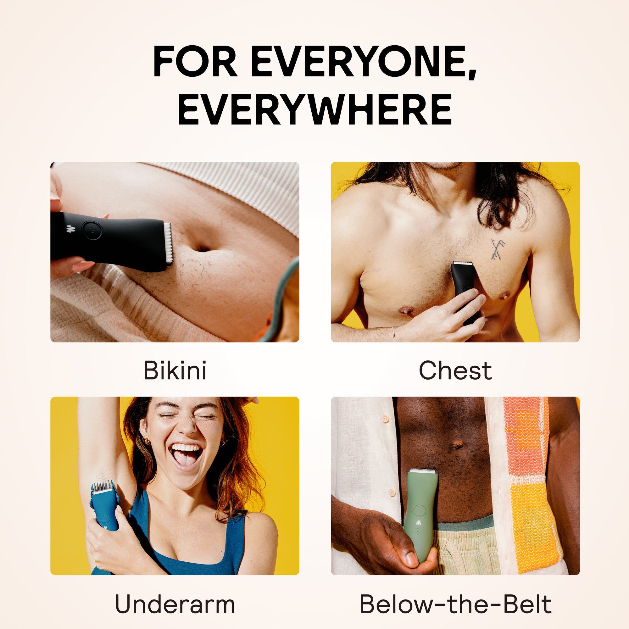 Electric trimmers for bikini, chest, underarm, and below-the-belt grooming on diverse skin tones and body types.