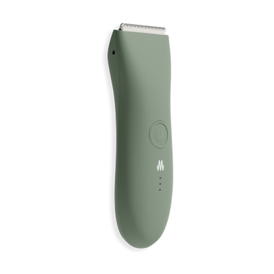Cordless olive green electric hair trimmer with stainless steel blade and power button for grooming.