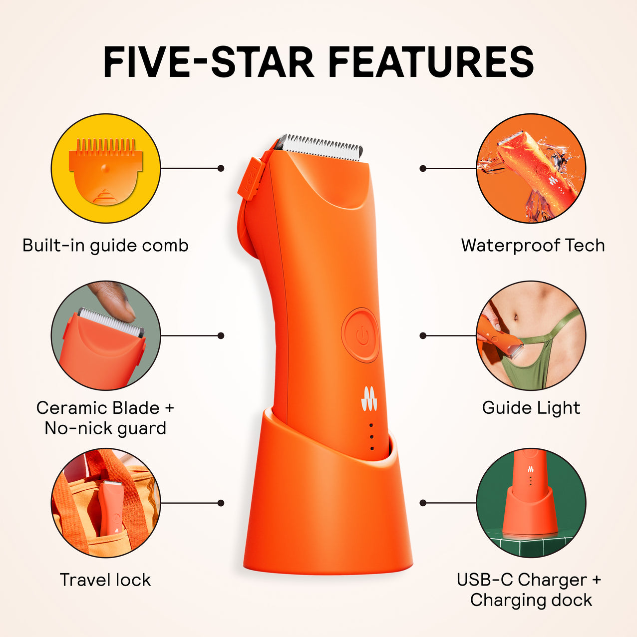 Orange cordless hair trimmer with built-in guide comb, ceramic blade, waterproof tech, guide light, travel lock, USB-C charging dock.