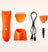 Orange cordless electric hair clipper with two detachable trimming guards, charging stand, USB charging cable, and cleaning brush.