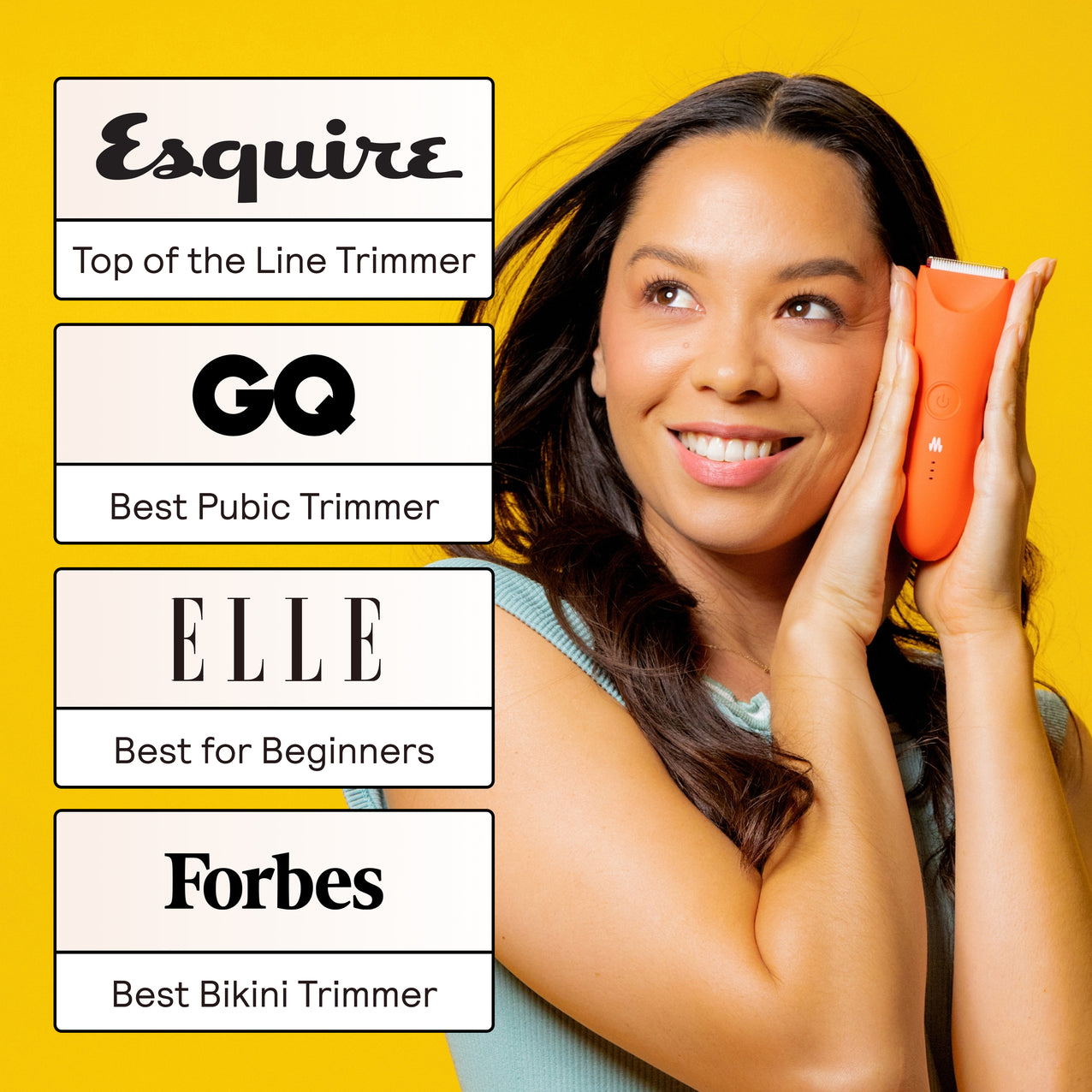 Woman holding orange trimmer with awards from Esquire, GQ, Elle, and Forbes for best pubic, bikini, and beginner trimmer.