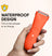 Compact orange waterproof electric trimmer with water droplets, held in hand for shower or travel use.