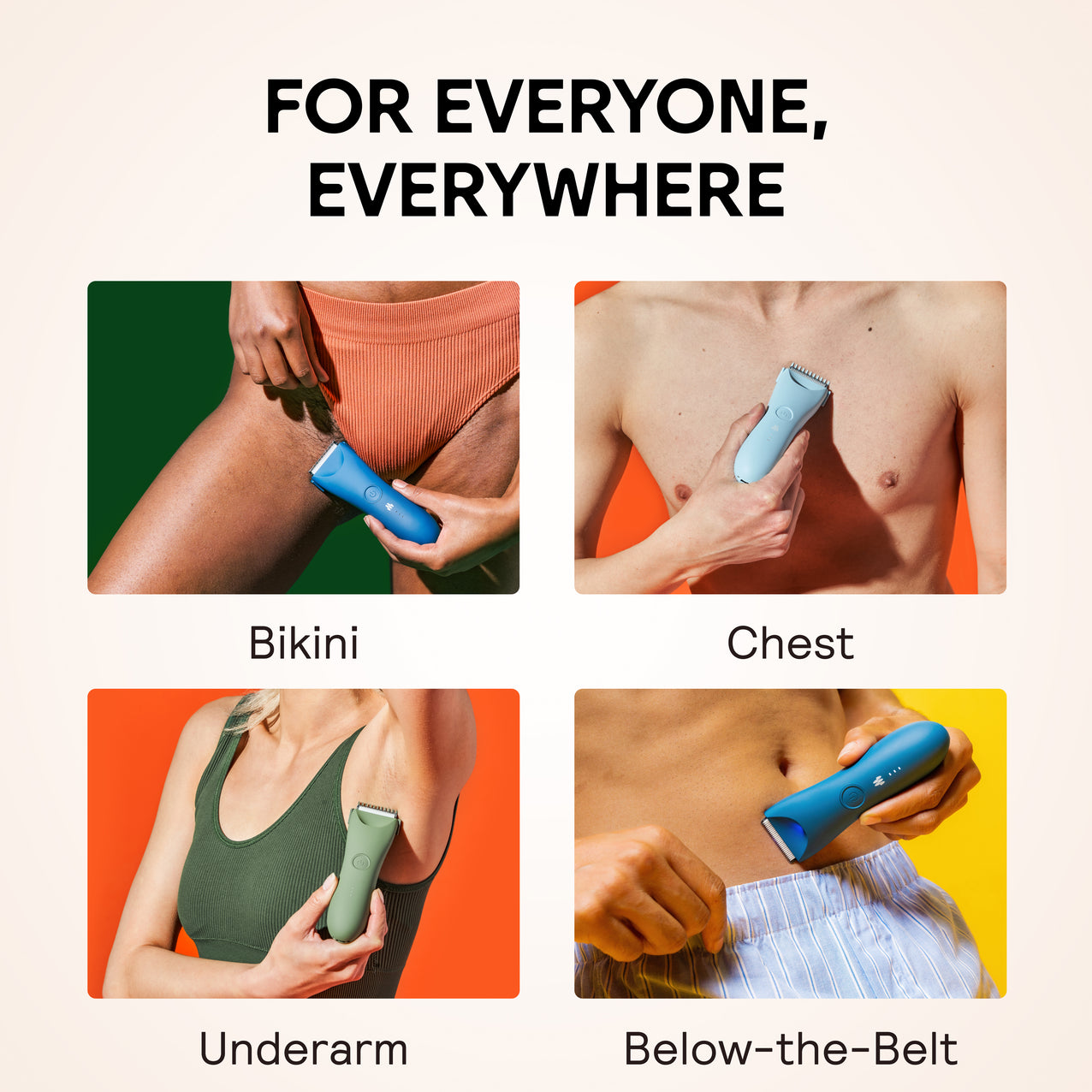 Blue and green electric body trimmers used for bikini, chest, underarm, and below-the-belt grooming on diverse skin tones.
