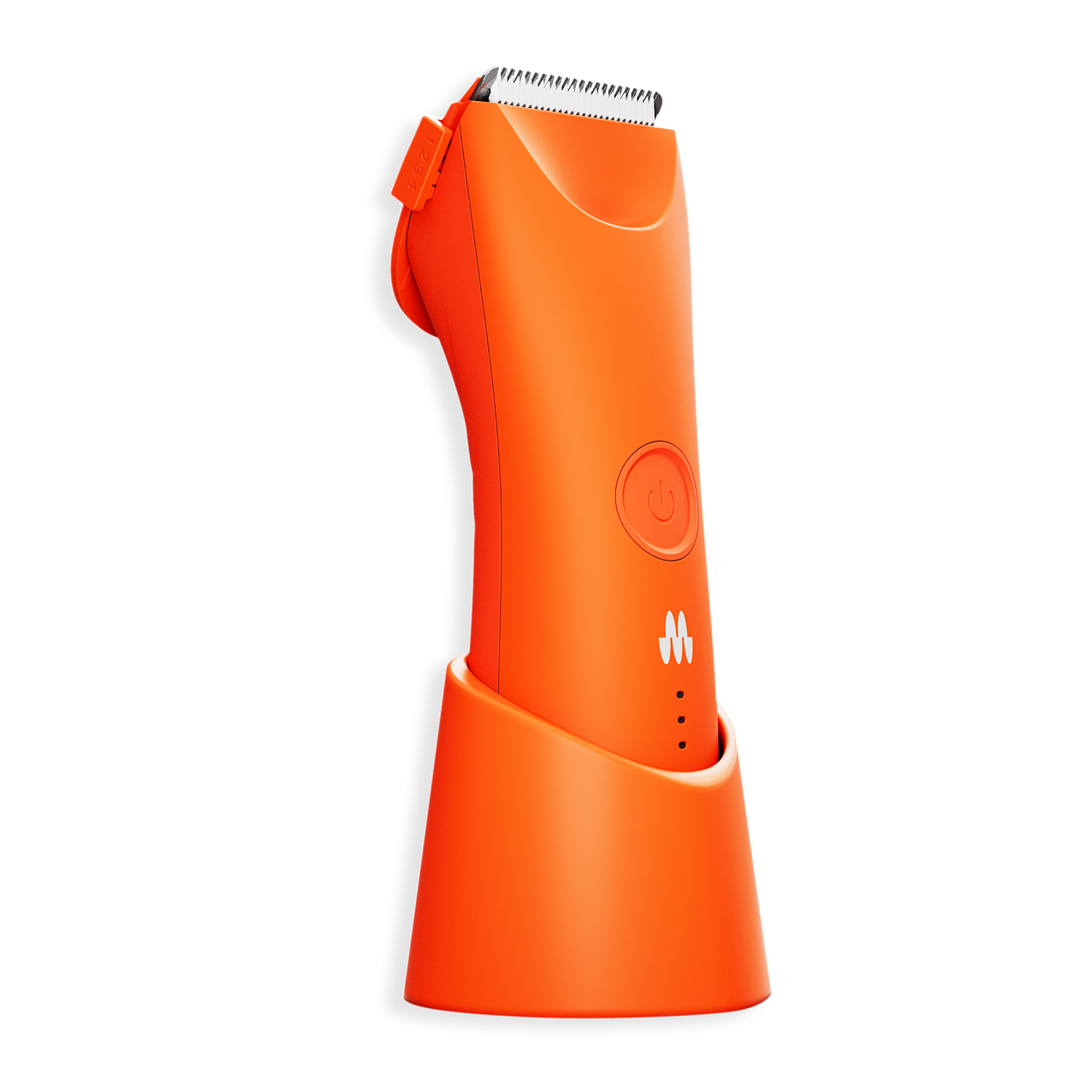 Cordless orange electric hair clipper with adjustable guard and charging stand, grooming tool for men and kids.