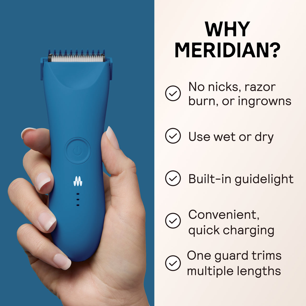 Hand holding blue waterproof electric trimmer with built-in guidelight and quick charging, no nicks or razor burn.