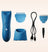 Blue cordless electric hair clipper with adjustable guard, charging dock, USB-C cable, and cleaning brush accessories.