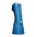 Cordless electric blue hair trimmer with adjustable length comb and power button, standing in matching charging dock.