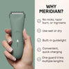 Hand holding green Meridian cordless trimmer with benefits list including no nicks, wet/dry use, guide light, quick charging, and adjustable guard.