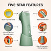 Green cordless electric trimmer with ceramic blade, waterproof tech, guide comb, USB-C charger, travel lock, and guide light features.