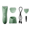 Cordless green electric hair clipper set with adjustable combs, USB charging cable, and cleaning brush for grooming.