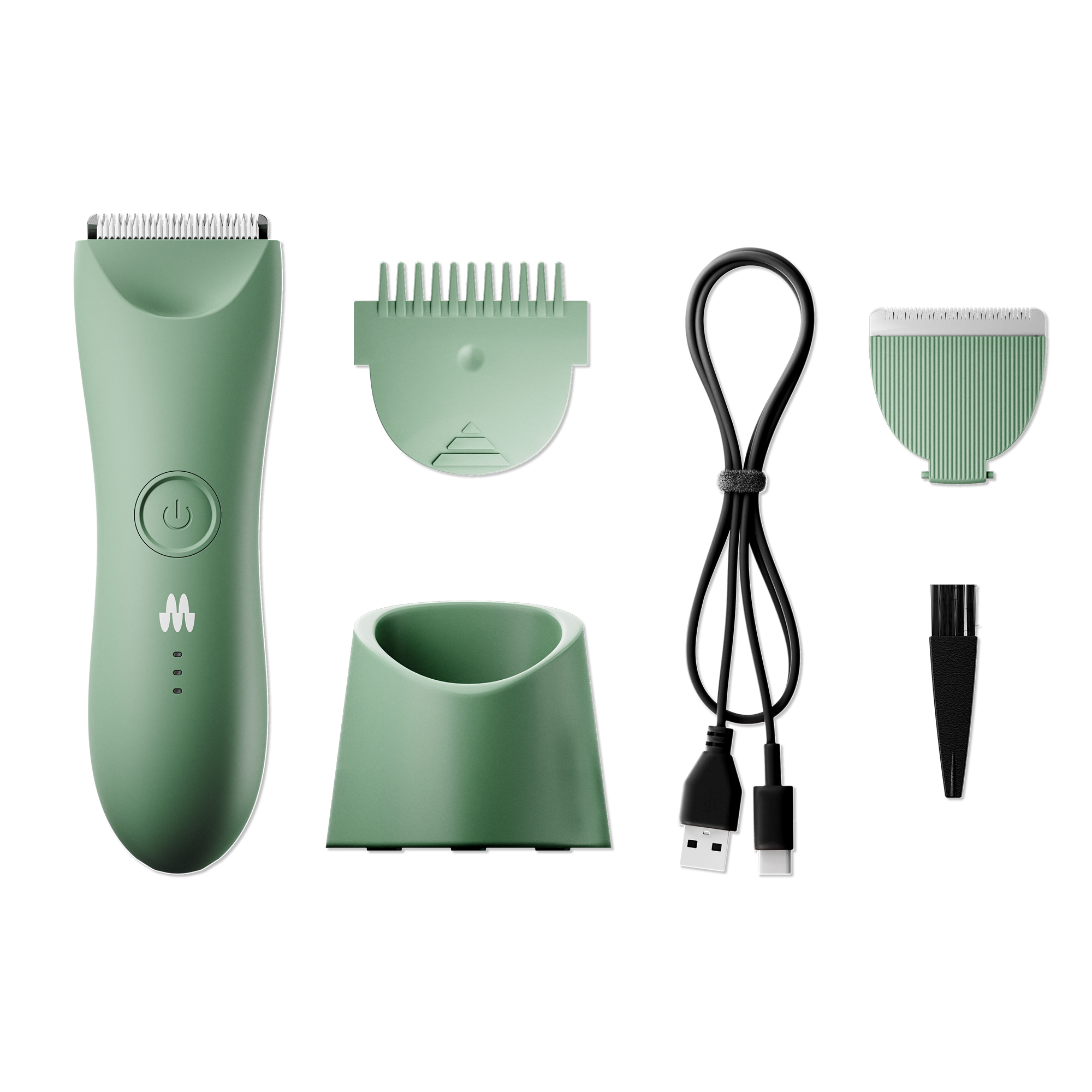 Cordless green electric hair clipper set with adjustable combs, USB charging cable, and cleaning brush for grooming.