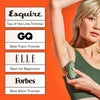 Woman in green sports bra using olive green electric trimmer on armpit with orange background and hair trimmer awards.