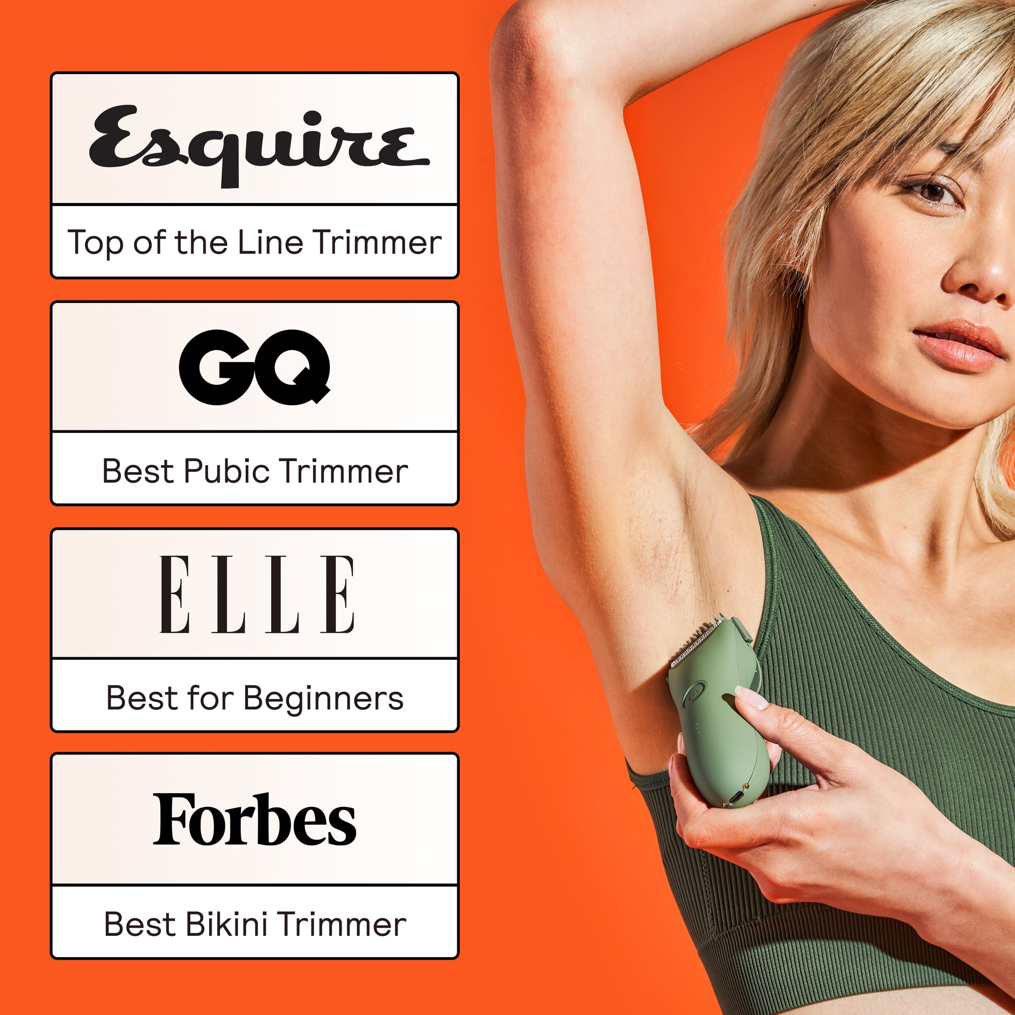 Woman in green sports bra using olive green electric trimmer on armpit with orange background and hair trimmer awards.
