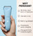 Hand holding blue electric hair trimmer with features: no nicks, wet/dry use, built-in guidelight, quick charging, multi-length guard.