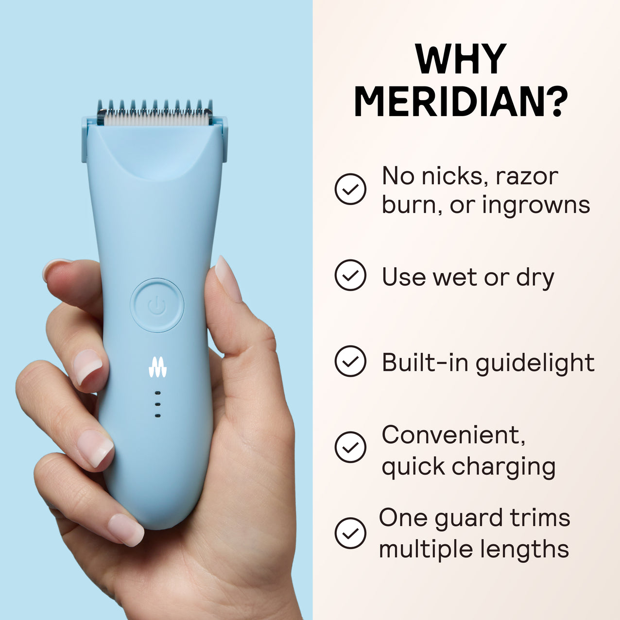 Hand holding blue electric hair trimmer with features: no nicks, wet/dry use, built-in guidelight, quick charging, multi-length guard.