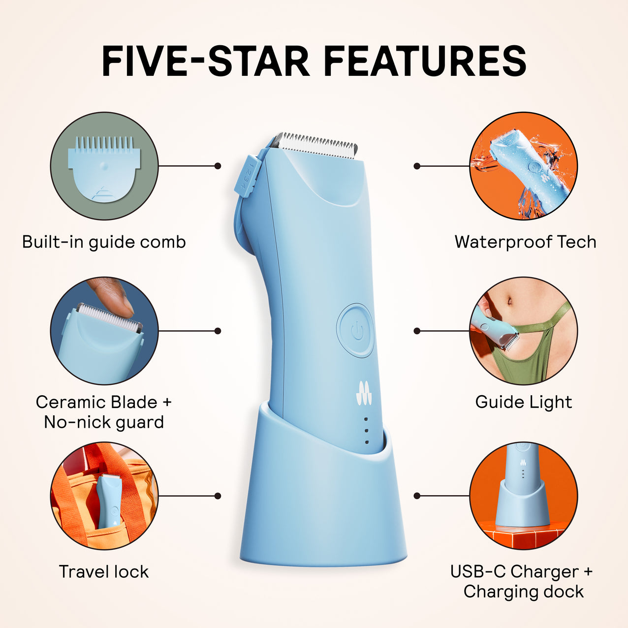 Light blue electric trimmer with ceramic blade, waterproof tech, built-in guide comb, travel lock, guide light, USB-C charger dock.