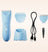 Cordless electric hair clipper with adjustable combs, charging stand, USB-C cable, and cleaning brush in pastel blue.