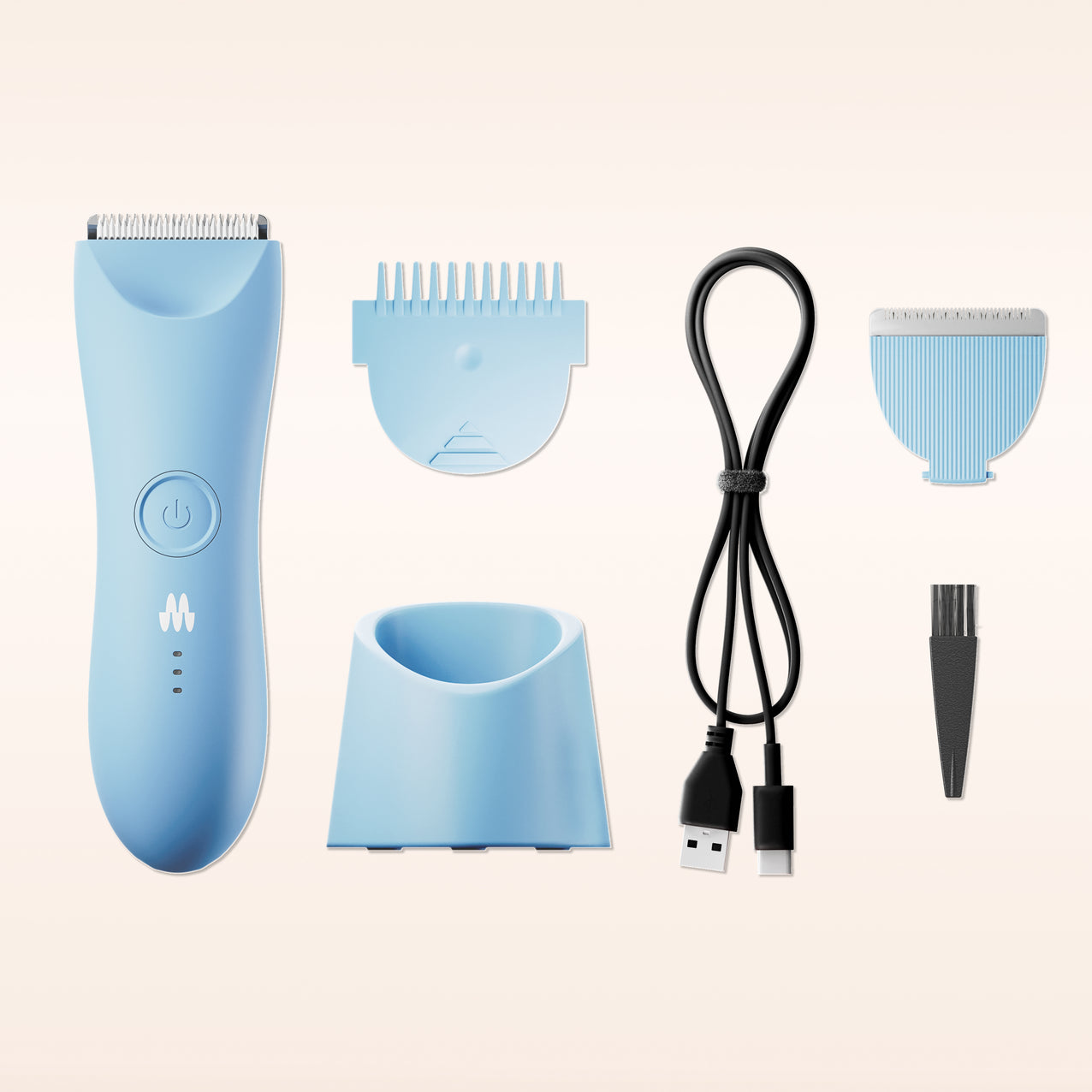Cordless electric hair clipper with adjustable combs, charging stand, USB-C cable, and cleaning brush in pastel blue.