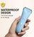 Waterproof blue electric hair trimmer held in hand with water droplets, suitable for shower and travel use.
