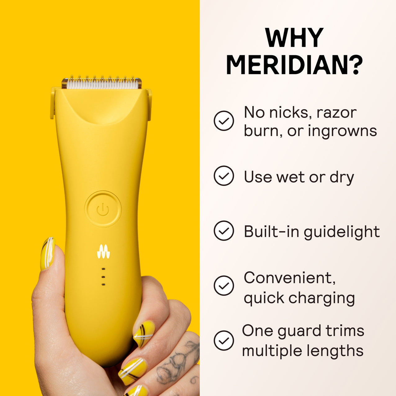 Yellow electric trimmer held by hand with tattoos and matching yellow nail art, highlighting features: no nicks, wet/dry use, built-in light.