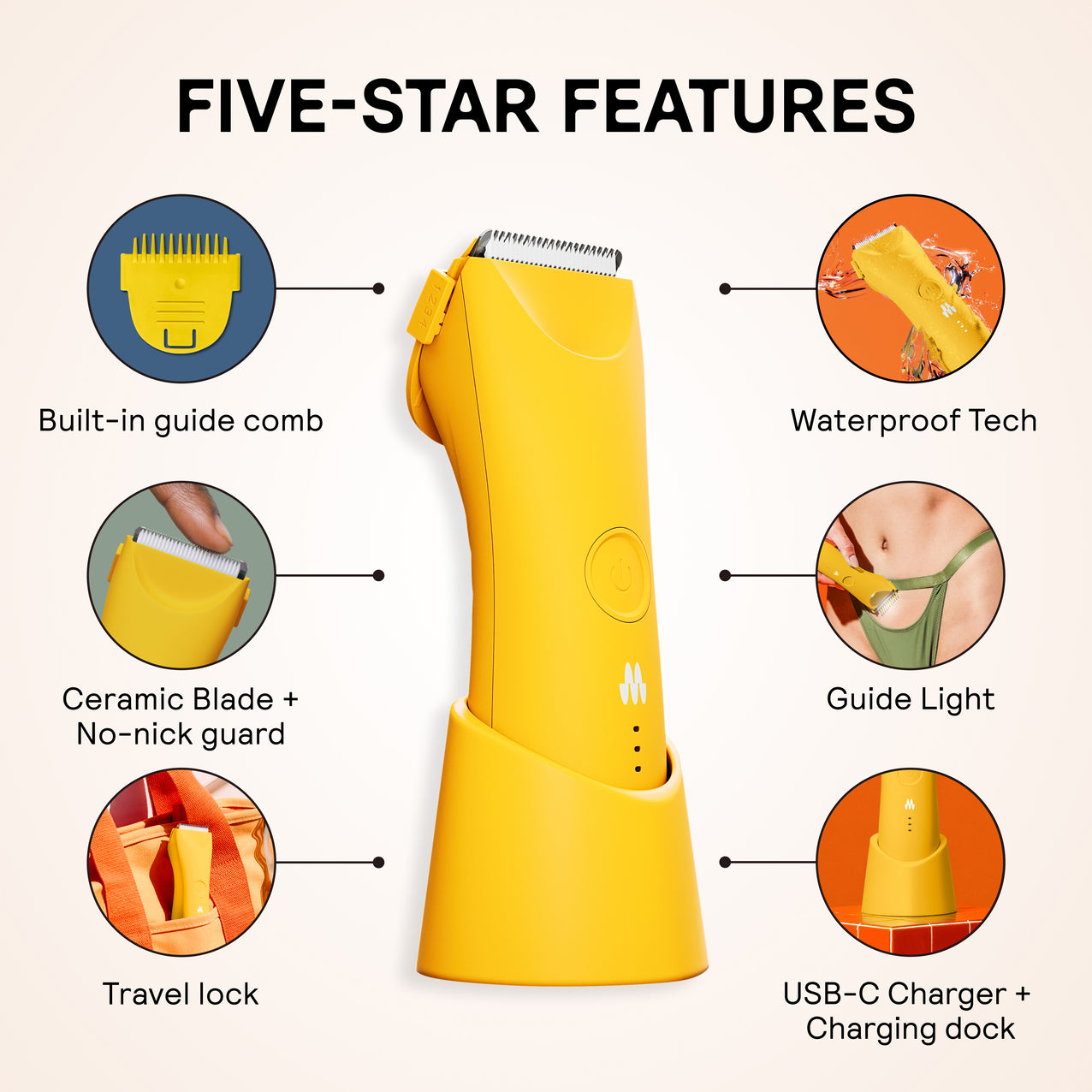 Yellow cordless trimmer with ceramic blade, waterproof tech, built-in guide comb, travel lock, guide light, USB-C charger dock.