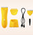 Yellow electric hair trimmer with interchangeable combs, USB charging cable, cleaning brush, and yellow stand on white background.