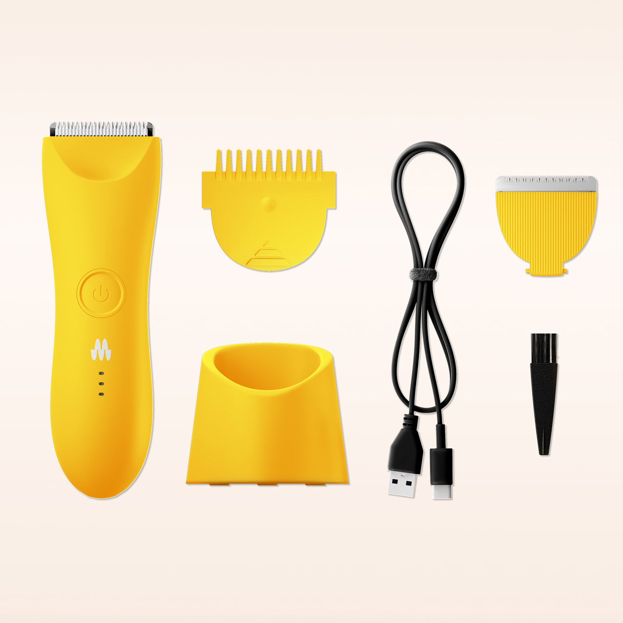 Yellow electric hair trimmer with interchangeable combs, USB charging cable, cleaning brush, and yellow stand on white background.