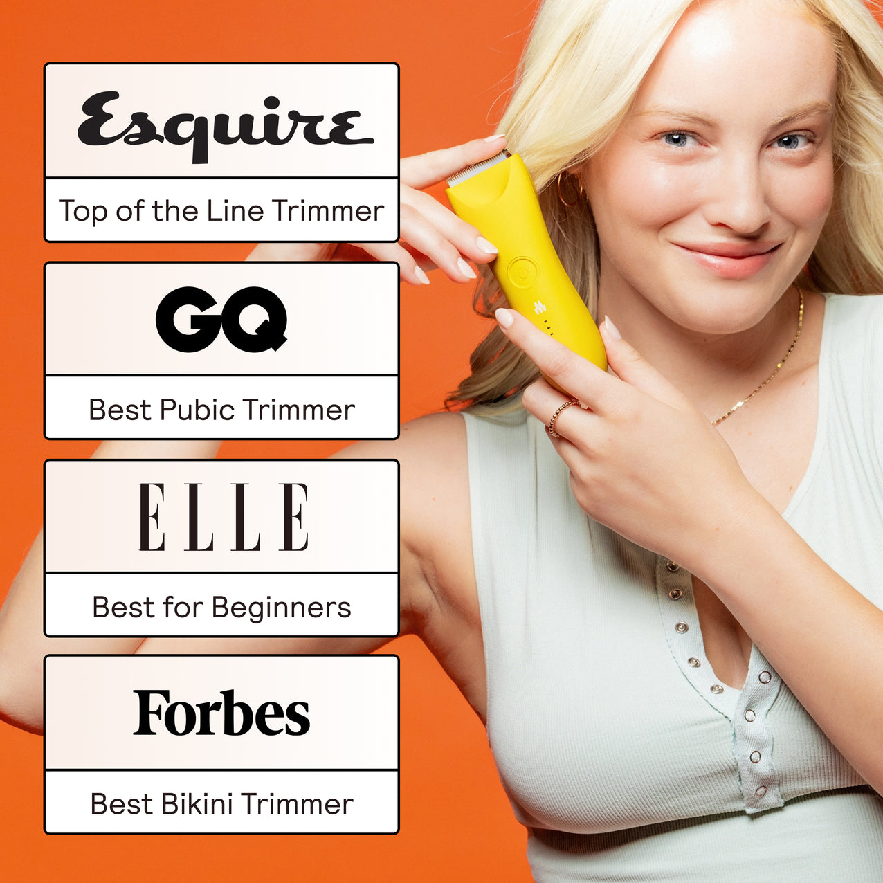 Woman holding yellow electric trimmer near armpit with awards for best pubic, bikini, beginner, and top of the line trimmer.