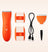 Orange electric hair clipper with two comb attachments, USB charging cable, detachable blade, and cleaning brush on white background.