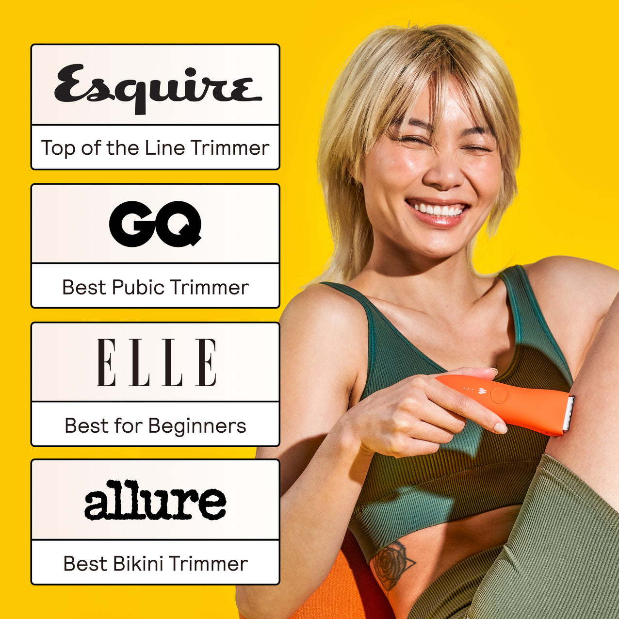 Smiling woman in activewear using orange electric body trimmer with awards from Esquire, GQ, Elle, and Allure for best trimmer.