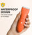 Hand holding waterproof orange electric shaver with water droplets, designed for trimming in shower or on the go.