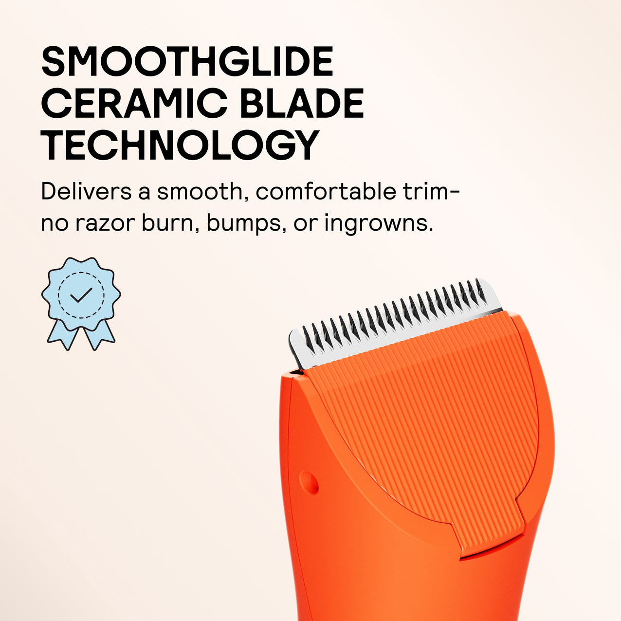 Orange electric trimmer featuring SmoothGlide ceramic blade technology for comfortable, smooth grooming without razor burn or ingrowns.