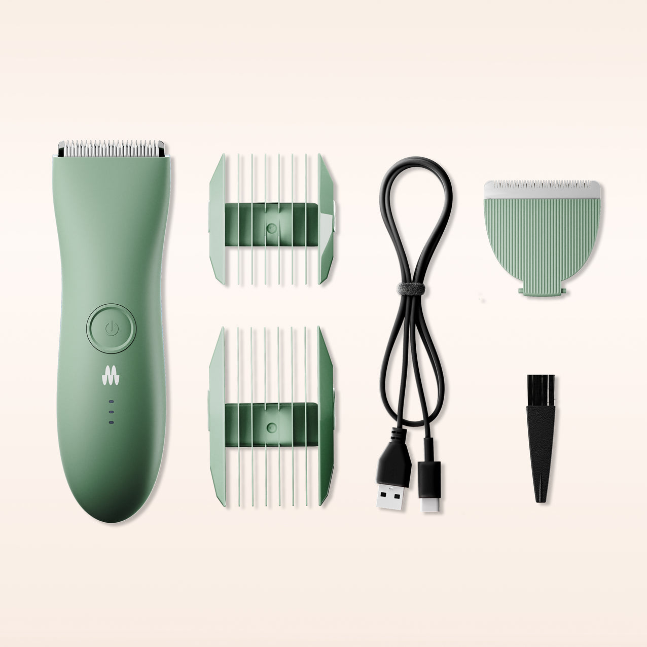 Cordless green electric hair clipper set with two guard combs, USB charging cable, detachable blade, and cleaning brush.