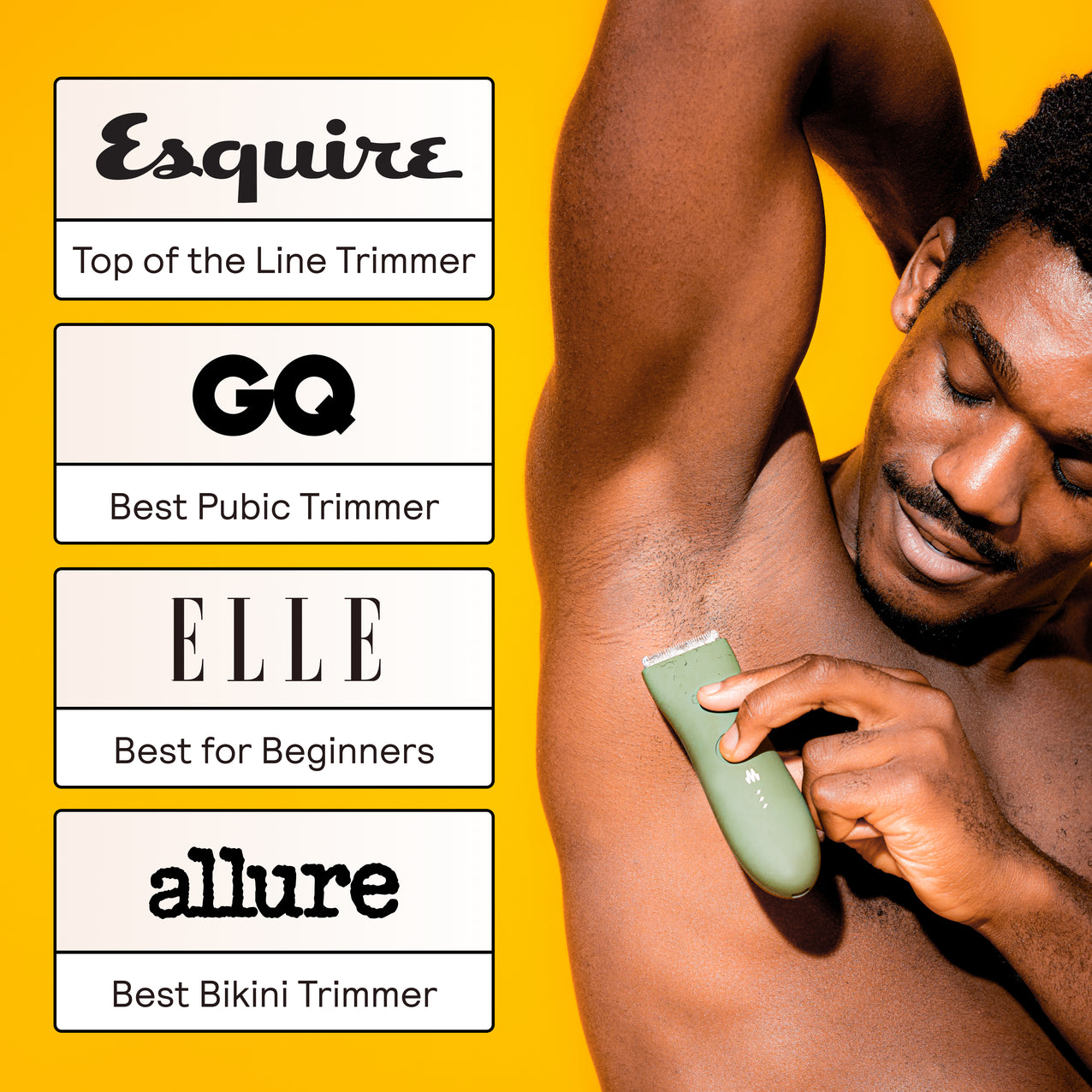 Man grooming underarm hair with green electric trimmer, yellow background, endorsed by Esquire, GQ, ELLE, and Allure.