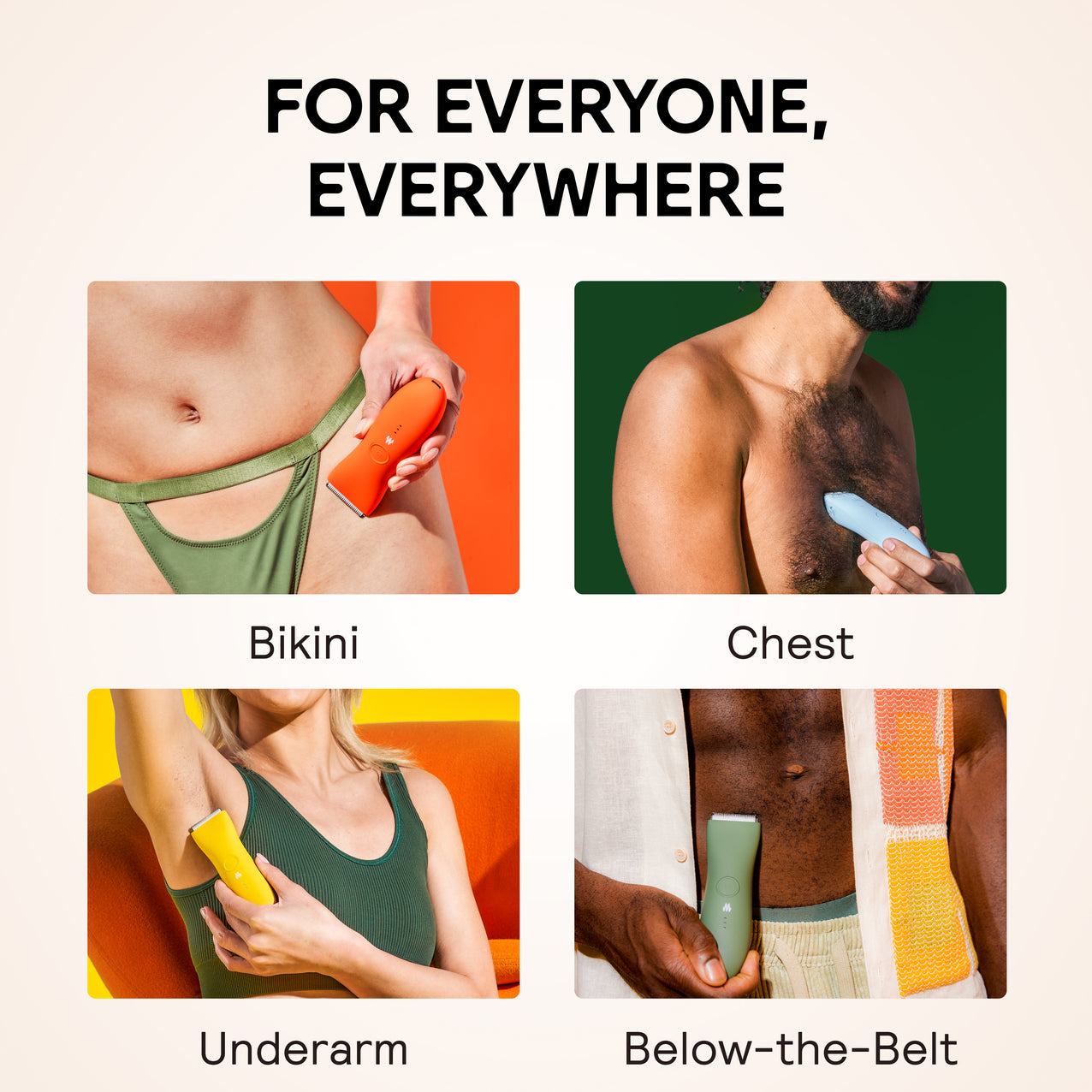 Rechargeable body trimmers in orange, blue, yellow, and green used for bikini, chest, underarm, and below-the-belt grooming.