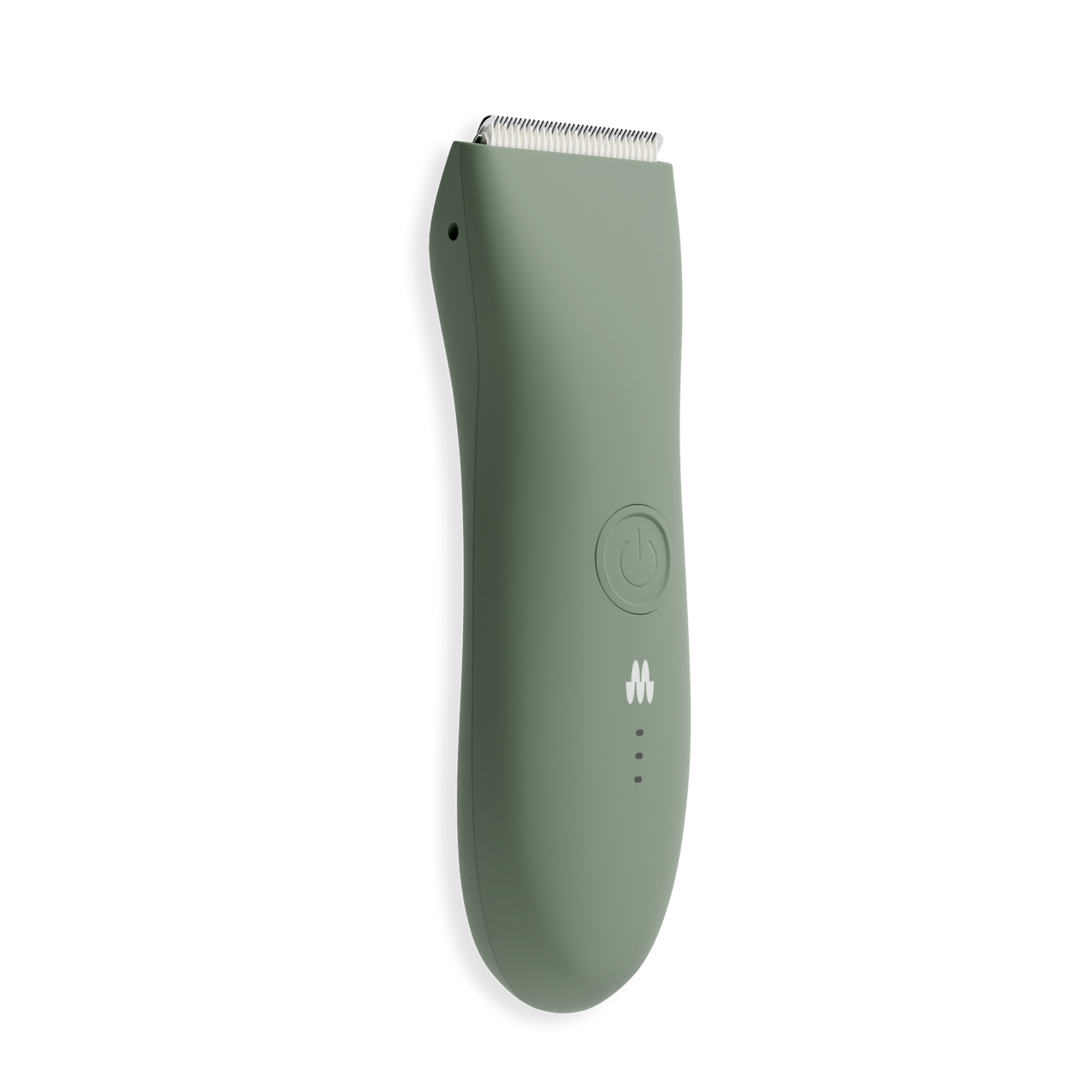 Cordless electric hair trimmer with ergonomic olive green body, power button, and stainless steel blades for precise grooming.