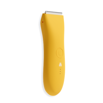 Yellow cordless electric hair clipper with stainless steel blades and power button, designed for precise grooming.