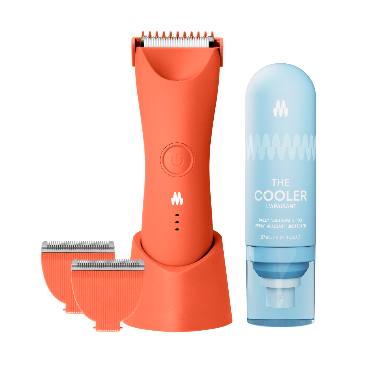 Meridian Trimmer Plus in Blaze color with replacement blades and The Cooler soothing spray.