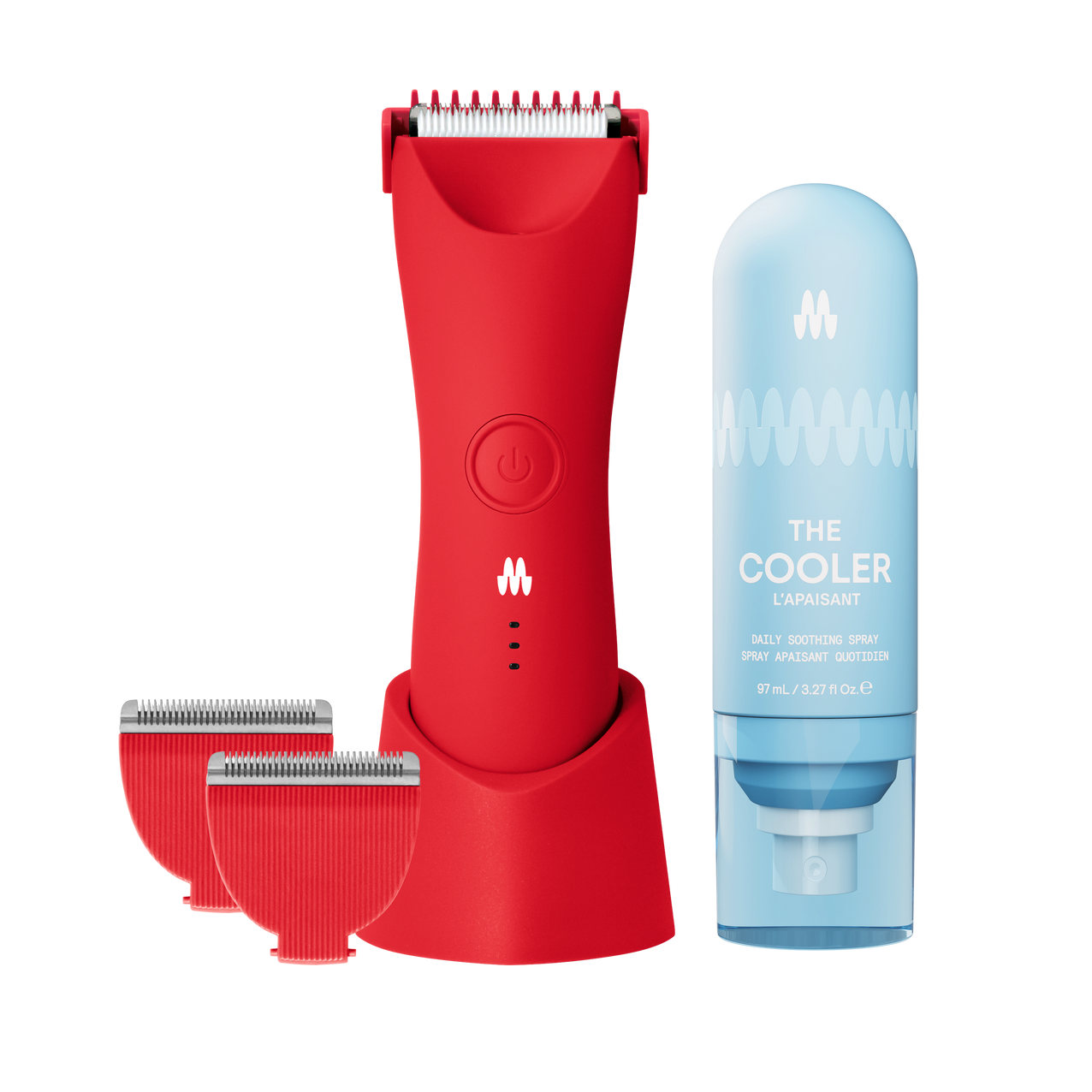 Meridian Trimmer Plus in Lava color with replacement blades and The Cooler soothing spray.